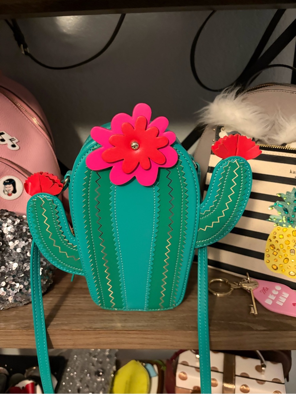kate spade Teal Cactus Crossbody with Pink Flower Accents